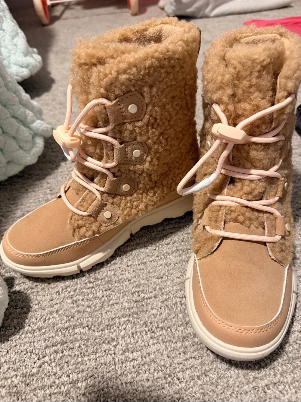 Kids Sorel Cozy Shearling Lace-Up Winter Boots - Camel